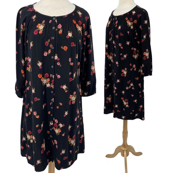 J Jill Floral Button Down Dress Smocked Neck Floral Printed Mini Black Womens MP - Picture 1 of 8